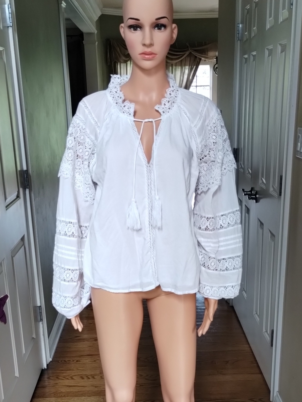 Elan White Lace Peasant Blouse with Tassel Tie